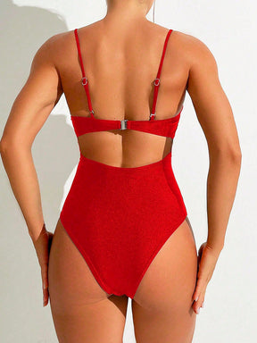 SHEIN Swim 1 Peça Macacão de Banho Feminino de Cor Sólida, com Alças de Espaguete Torcidas, para Verão, com Suporte Interno e Efeito Push-Up