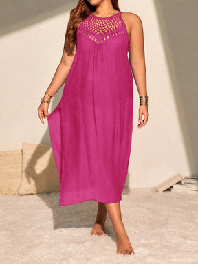 SHEIN VCAY Vestido Longo de Praia Plus Size Crochê Manual Vazado Sexy e Ajustado com Fenda Lateral, Leve