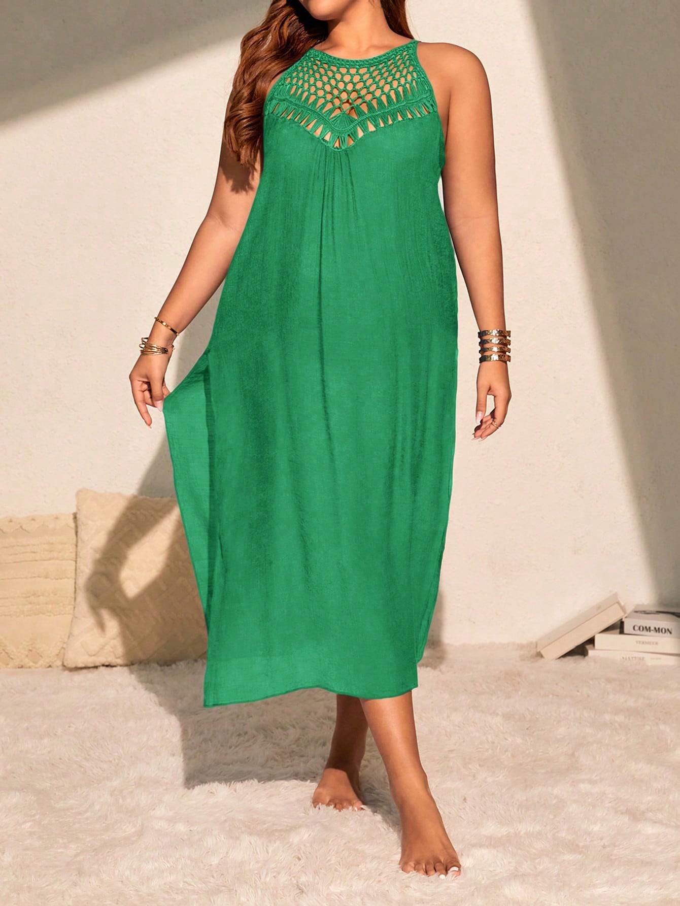 SHEIN VCAY Vestido Longo de Praia Plus Size Crochê Manual Vazado Sexy e Ajustado com Fenda Lateral, Leve