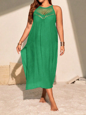 SHEIN VCAY Vestido Longo de Praia Plus Size Crochê Manual Vazado Sexy e Ajustado com Fenda Lateral, Leve