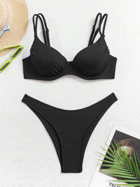 Conjunto de Maiô Bikini Halter Cortado com Armação Nervurada de Cor Sólida para Mulheres, Praia de Verão