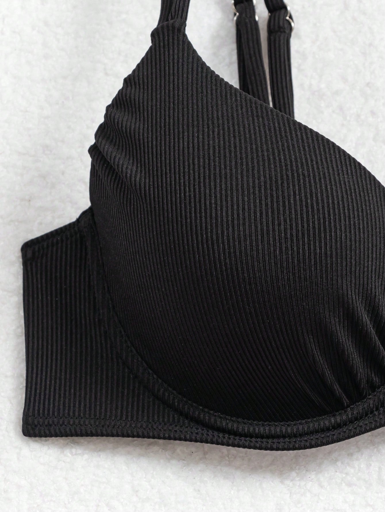 Conjunto de Maiô Bikini Halter Cortado com Armação Nervurada de Cor Sólida para Mulheres, Praia de Verão