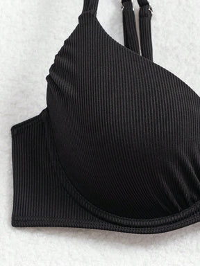 Conjunto de Maiô Bikini Halter Cortado com Armação Nervurada de Cor Sólida para Mulheres, Praia de Verão