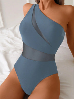 Swim Lushoire 1 Peça Maiô Estilo Spring Break Feminino, Cor Sólida com Recortes em Tela, Assimétrico com Ombro Único e Costas Abertas, Casual e Elegante para Férias e Natação