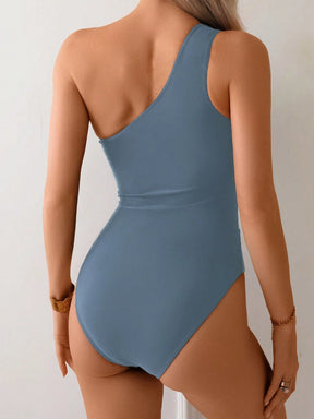 Swim Lushoire 1 Peça Maiô Estilo Spring Break Feminino, Cor Sólida com Recortes em Tela, Assimétrico com Ombro Único e Costas Abertas, Casual e Elegante para Férias e Natação