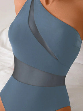 Swim Lushoire 1 Peça Maiô Estilo Spring Break Feminino, Cor Sólida com Recortes em Tela, Assimétrico com Ombro Único e Costas Abertas, Casual e Elegante para Férias e Natação