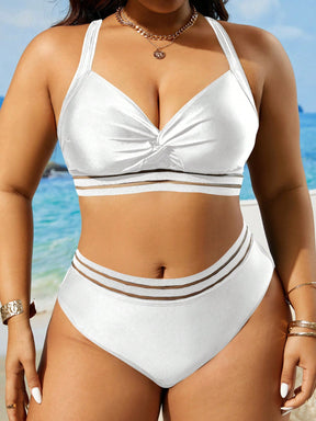Swim Lushoire Conjunto de Maiô Bikini Plus Size de Cor Sólida Torcido para Praia de Verão