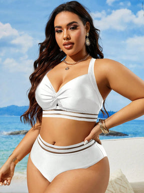 Swim Lushoire Conjunto de Maiô Bikini Plus Size de Cor Sólida Torcido para Praia de Verão