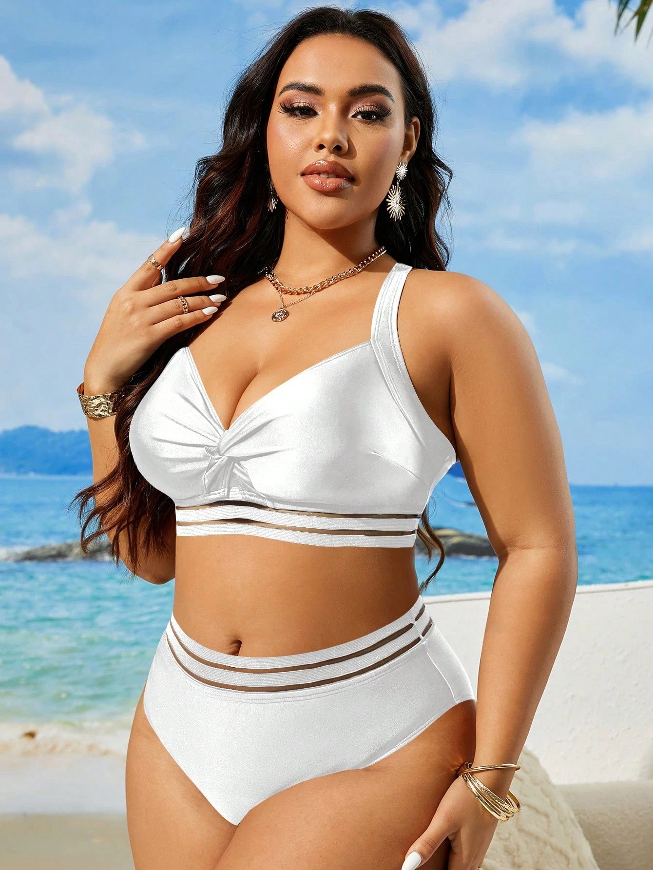 Swim Lushoire Conjunto de Maiô Bikini Plus Size de Cor Sólida Torcido para Praia de Verão