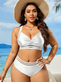 Swim Lushoire Conjunto de Maiô Bikini Plus Size de Cor Sólida Torcido para Praia de Verão