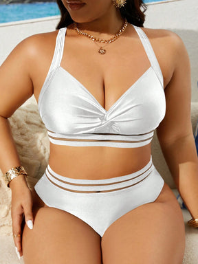 Swim Lushoire Conjunto de Maiô Bikini Plus Size de Cor Sólida Torcido para Praia de Verão