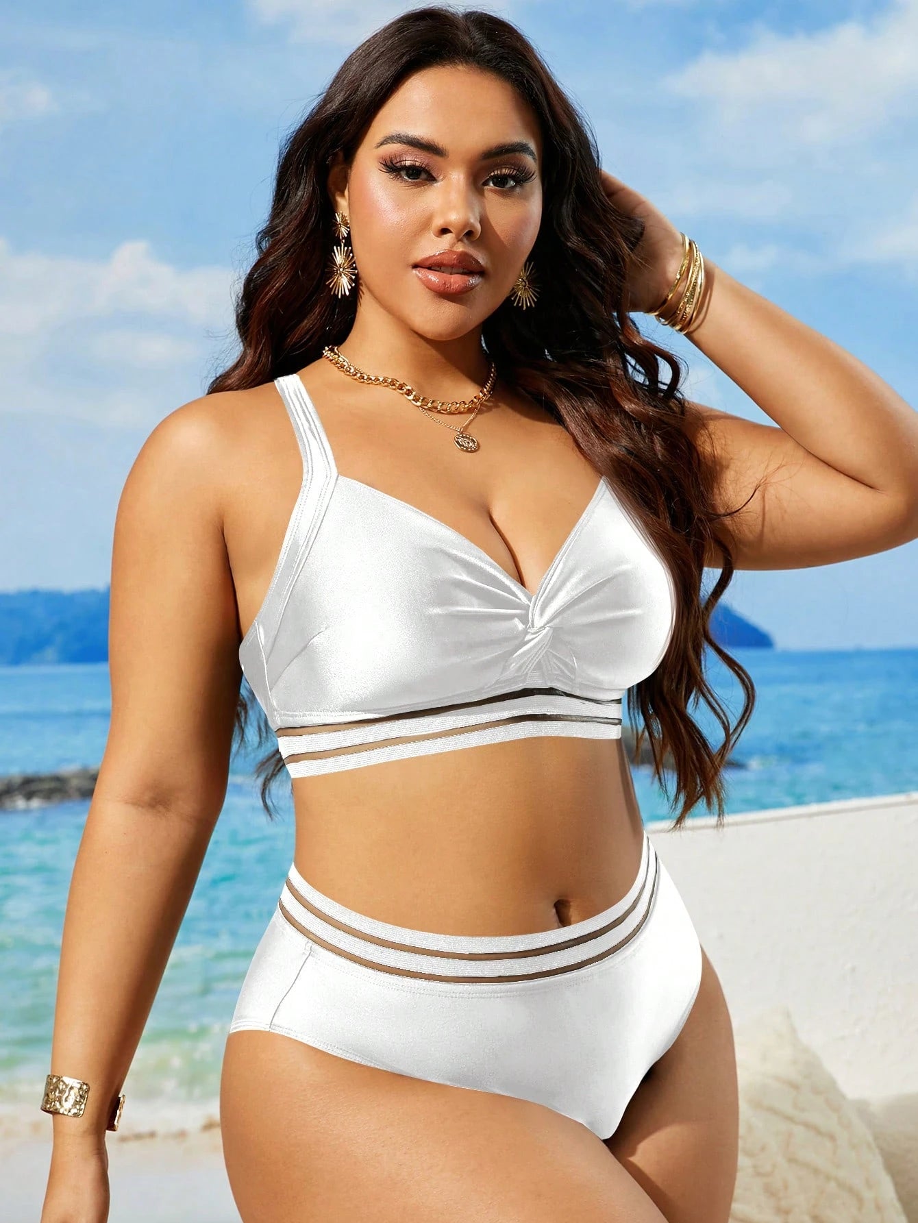 Swim Lushoire Conjunto de Maiô Bikini Plus Size de Cor Sólida Torcido para Praia de Verão
