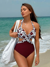 Swim Lushoire Maiô de Uma Peça com Estampa Floral Pintado à Mão para Mulheres, Roupa de Férias Estilo Sexy com Decote em Halter