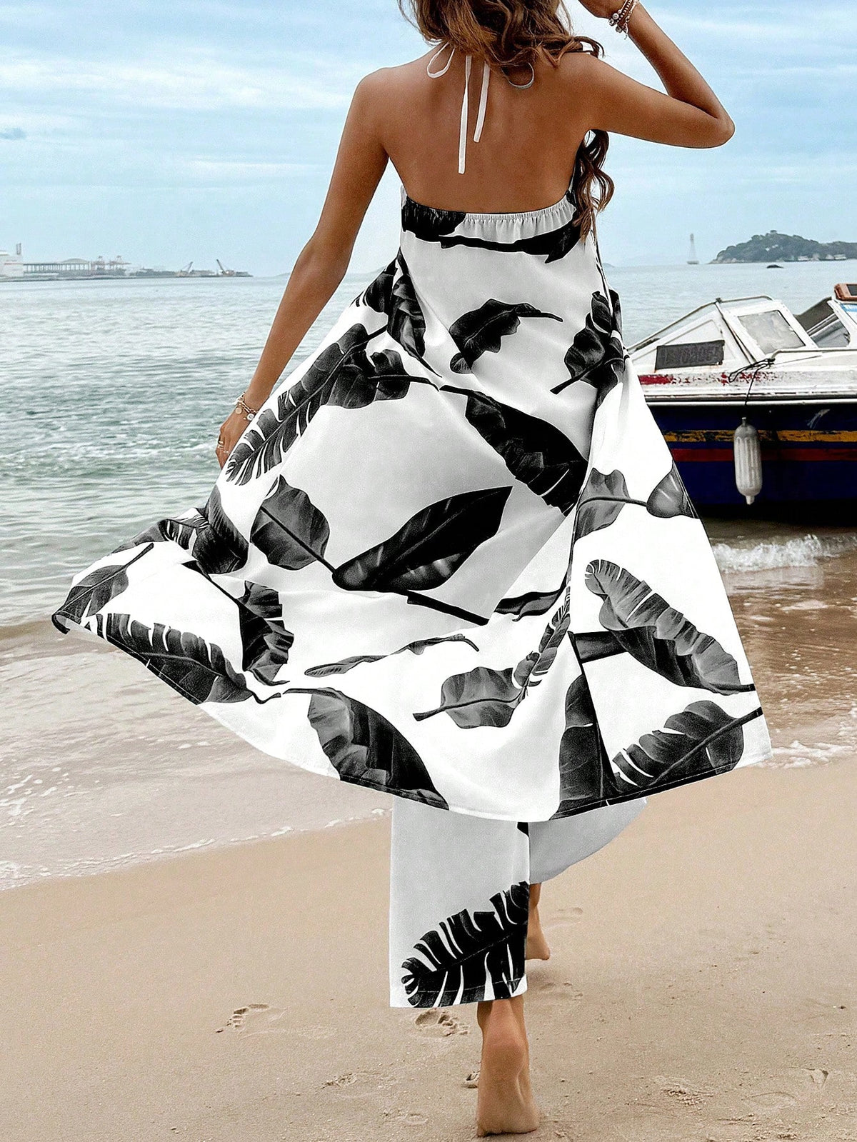 Breezaya Conjunto De Duas Peças Com Top Halter De Fenda Alta E Calça Boca Larga Com Cintura Elástica Com Estampa De Planta Tropical Para Primavera E Verão