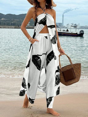 Breezaya Conjunto De Duas Peças Com Top Halter De Fenda Alta E Calça Boca Larga Com Cintura Elástica Com Estampa De Planta Tropical Para Primavera E Verão