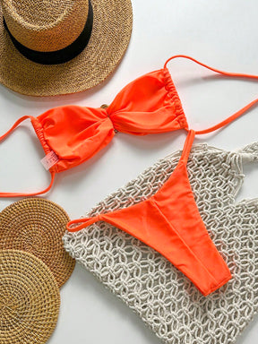 SHEIN Swim Conjunto de Maiô Bikini Feminino Strapless de Verão Solid Color com Amarração e Decoração Metálica, Sexy