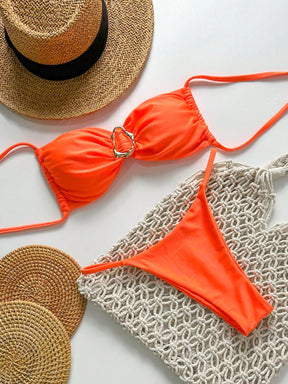 SHEIN Swim Conjunto de Maiô Bikini Feminino Strapless de Verão Solid Color com Amarração e Decoração Metálica, Sexy