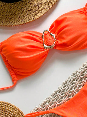 SHEIN Swim Conjunto de Maiô Bikini Feminino Strapless de Verão Solid Color com Amarração e Decoração Metálica, Sexy