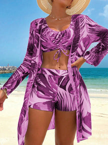 Swim Lushoire Conjunto de Maiô Bikini Sexy com Cordão na Frente e Roupão Floral Tropical de Verão para Mulheres