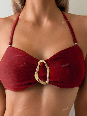 Conjunto de Maiô Bikini Tomara que Caia de Duas Peças de Cor Sólida e Busto Plano, com Acessórios Metálicos no Meio, Adequado para Férias na Ilha, Fotografia, Natação, para a Praia no Verão