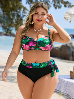 Swim Lushoire Conjunto com 2 Peças Estampa de Planta Tropical Aleatória para Mulheres Plus Size, Top Assimétrica com Babado e Maiô Bikini Triângulo de Cintura Alta, Traje de Banho Simples para Férias e Uso Diário
