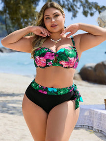 Swim Lushoire Conjunto com 2 Peças Estampa de Planta Tropical Aleatória para Mulheres Plus Size, Top Assimétrica com Babado e Maiô Bikini Triângulo de Cintura Alta, Traje de Banho Simples para Férias e Uso Diário