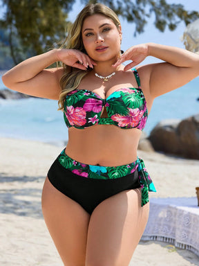 Swim Lushoire Conjunto com 2 Peças Estampa de Planta Tropical Aleatória para Mulheres Plus Size, Top Assimétrica com Babado e Maiô Bikini Triângulo de Cintura Alta, Traje de Banho Simples para Férias e Uso Diário
