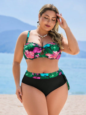 Swim Lushoire Conjunto com 2 Peças Estampa de Planta Tropical Aleatória para Mulheres Plus Size, Top Assimétrica com Babado e Maiô Bikini Triângulo de Cintura Alta, Traje de Banho Simples para Férias e Uso Diário