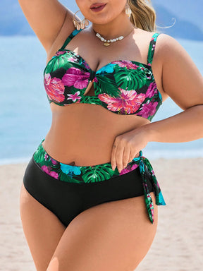 Swim Lushoire Conjunto com 2 Peças Estampa de Planta Tropical Aleatória para Mulheres Plus Size, Top Assimétrica com Babado e Maiô Bikini Triângulo de Cintura Alta, Traje de Banho Simples para Férias e Uso Diário
