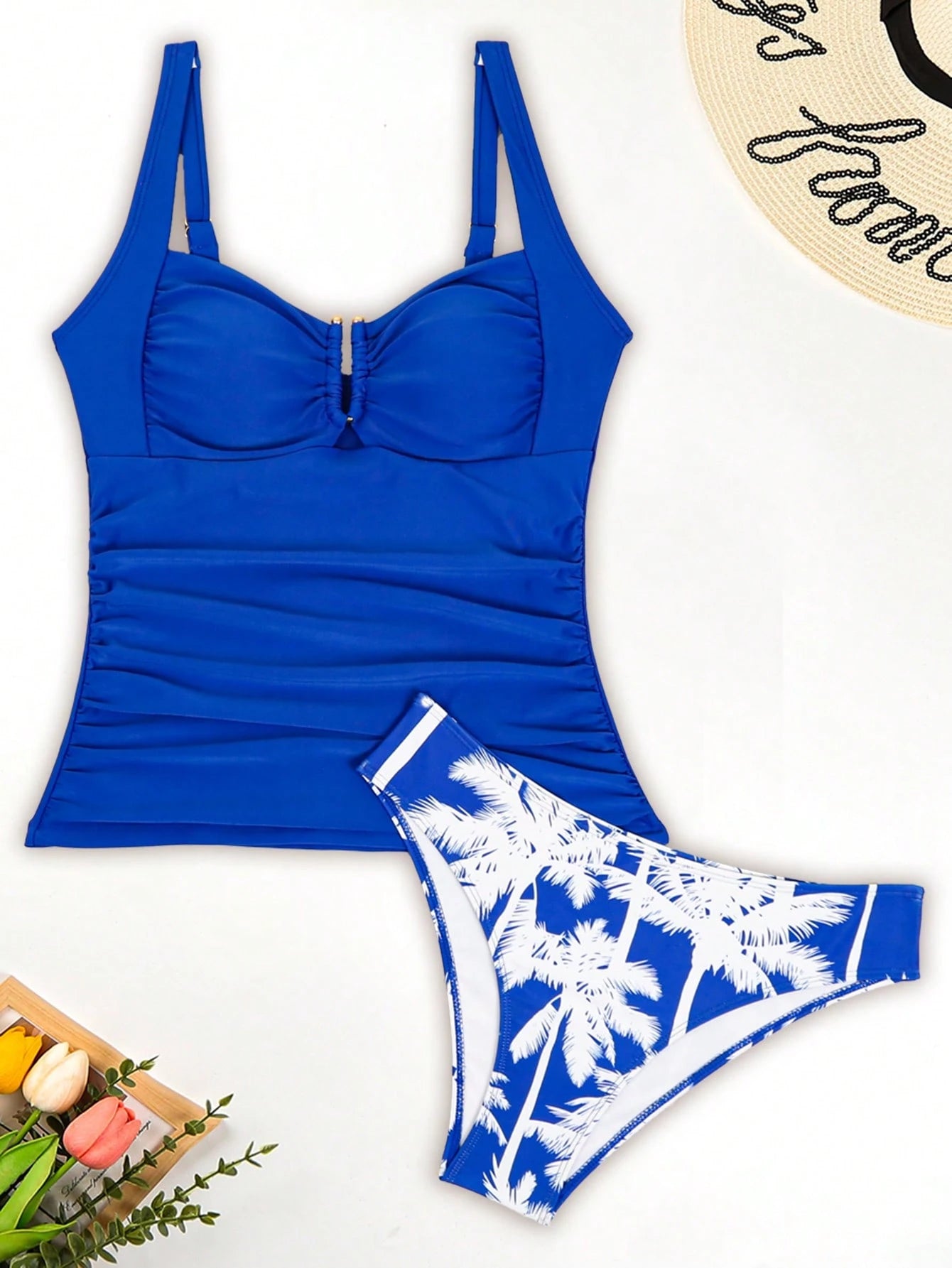 Swim Lushoire Conjuntos de Roupa de Praia Feminina, Colete, Camisole, Maiô Bikini, Elegante Estilo Retrô Férias 2 Peças, Decoração de Metal, Roupa de Praia de Verão