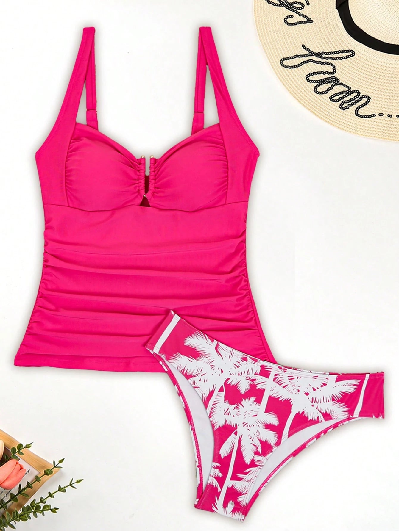 Swim Lushoire Conjuntos de Roupa de Praia Feminina, Colete, Camisole, Maiô Bikini, Elegante Estilo Retrô Férias 2 Peças, Decoração de Metal, Roupa de Praia de Verão