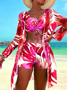 Swim Lushoire Conjunto de Maiô Bikini Sexy com Cordão na Frente e Roupão Floral Tropical de Verão para Mulheres
