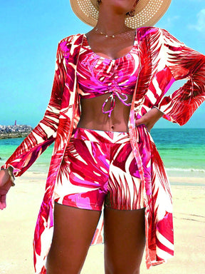 Swim Lushoire Conjunto de Maiô Bikini Sexy com Cordão na Frente e Roupão Floral Tropical de Verão para Mulheres