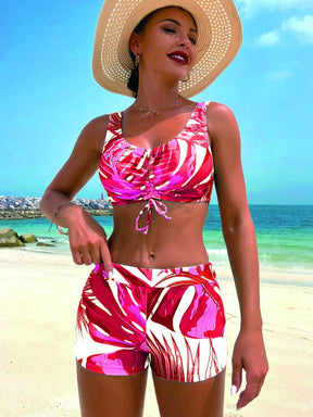 Swim Lushoire Conjunto de Maiô Bikini Sexy com Cordão na Frente e Roupão Floral Tropical de Verão para Mulheres