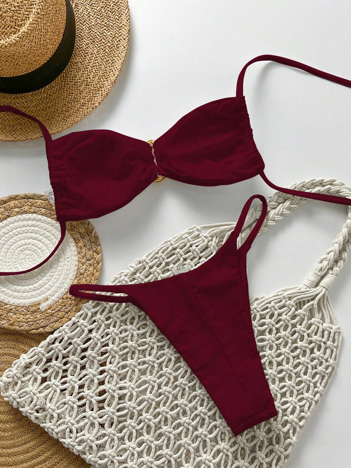 SHEIN Swim Conjunto de Maiô Bikini Feminino Strapless de Verão Solid Color com Amarração e Decoração Metálica, Sexy