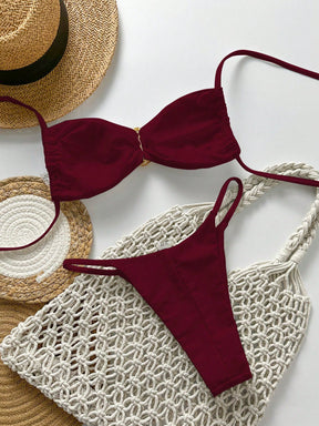 SHEIN Swim Conjunto de Maiô Bikini Feminino Strapless de Verão Solid Color com Amarração e Decoração Metálica, Sexy