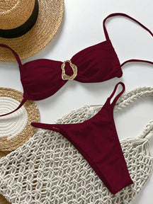 SHEIN Swim Conjunto de Maiô Bikini Feminino Strapless de Verão Solid Color com Amarração e Decoração Metálica, Sexy