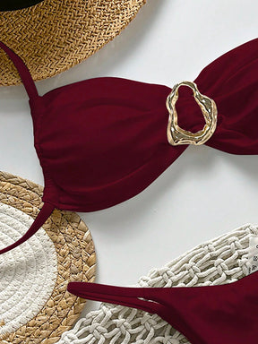 SHEIN Swim Conjunto de Maiô Bikini Feminino Strapless de Verão Solid Color com Amarração e Decoração Metálica, Sexy
