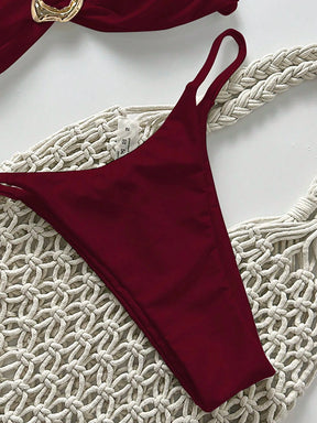 SHEIN Swim Conjunto de Maiô Bikini Feminino Strapless de Verão Solid Color com Amarração e Decoração Metálica, Sexy