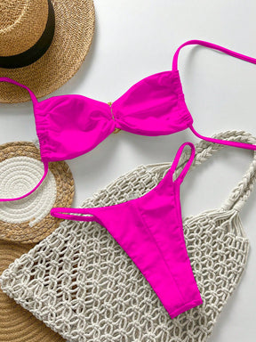 SHEIN Swim Conjunto de Maiô Bikini Feminino Strapless de Verão Solid Color com Amarração e Decoração Metálica, Sexy