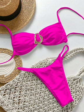 SHEIN Swim Conjunto de Maiô Bikini Feminino Strapless de Verão Solid Color com Amarração e Decoração Metálica, Sexy