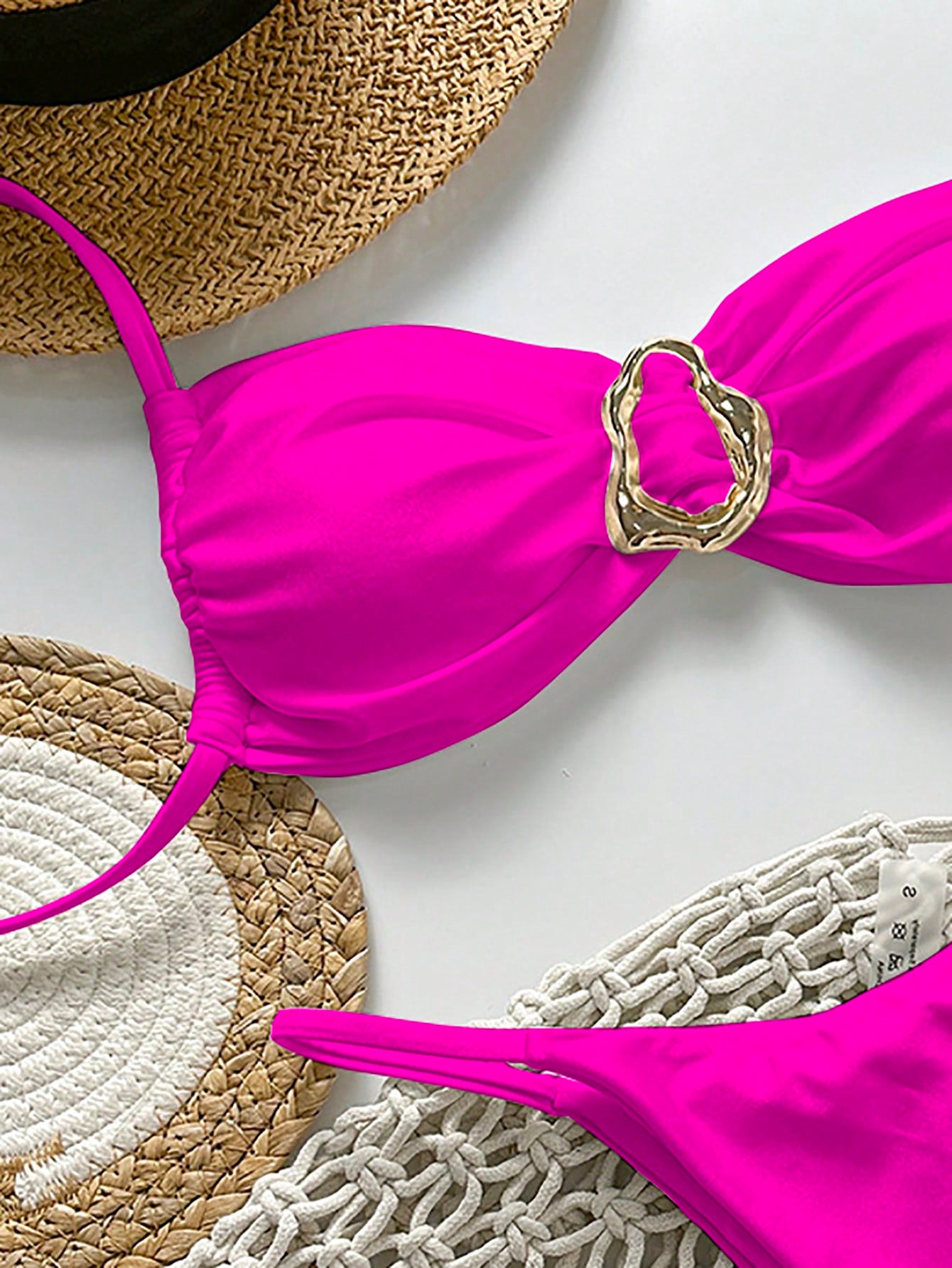 SHEIN Swim Conjunto de Maiô Bikini Feminino Strapless de Verão Solid Color com Amarração e Decoração Metálica, Sexy