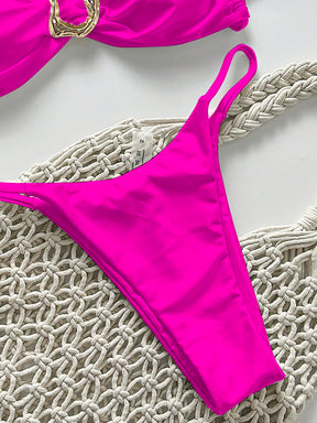 SHEIN Swim Conjunto de Maiô Bikini Feminino Strapless de Verão Solid Color com Amarração e Decoração Metálica, Sexy