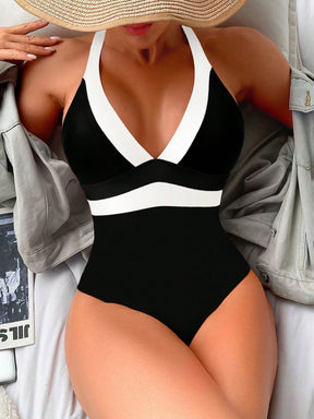 Maiô Sexy de Moda Feminino de Cor Contrastante, Alça Alta, Maiô de Peça Única