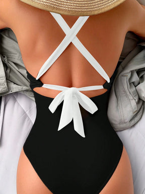 Maiô Sexy de Moda Feminino de Cor Contrastante, Alça Alta, Maiô de Peça Única