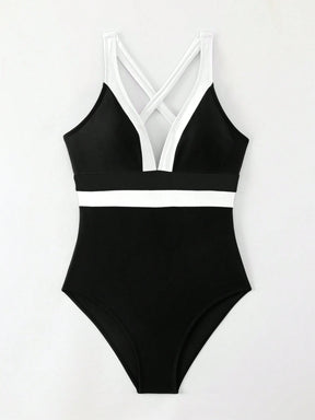 Maiô Sexy de Moda Feminino de Cor Contrastante, Alça Alta, Maiô de Peça Única