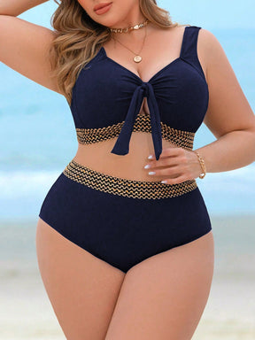 Swim Lushoire Conjunto de Maiô Bikini de 2 peças para Mulheres Plus Size com Tecido Texturizado, Amarração na Frente do Busto e Cintura Alta, Traje de Banho Elegante e Sexy para Férias na Praia e Verão