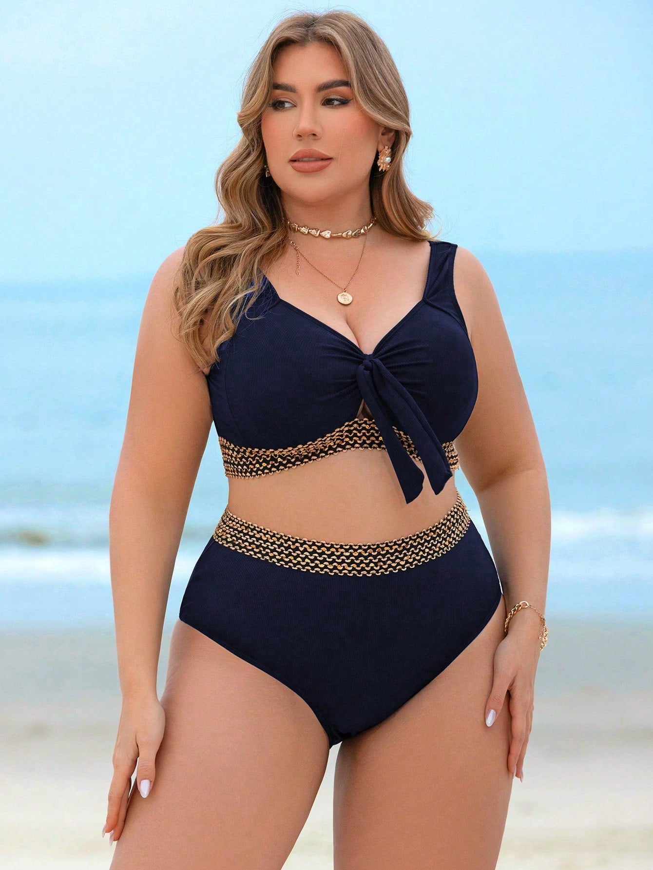 Swim Lushoire Conjunto de Maiô Bikini de 2 peças para Mulheres Plus Size com Tecido Texturizado, Amarração na Frente do Busto e Cintura Alta, Traje de Banho Elegante e Sexy para Férias na Praia e Verão