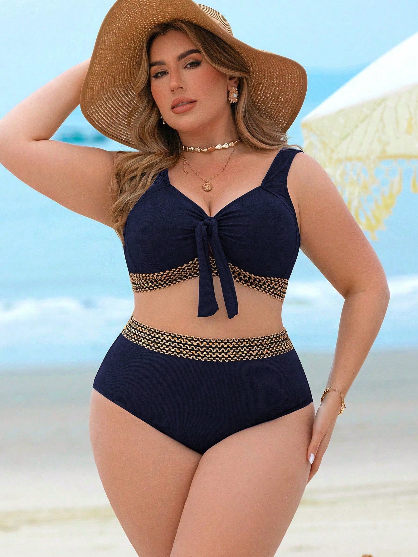 Swim Lushoire Conjunto de Maiô Bikini de 2 peças para Mulheres Plus Size com Tecido Texturizado, Amarração na Frente do Busto e Cintura Alta, Traje de Banho Elegante e Sexy para Férias na Praia e Verão