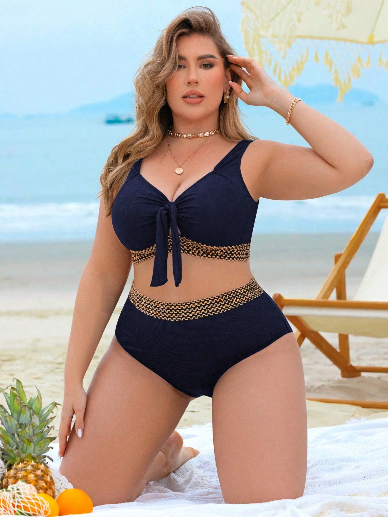 Swim Lushoire Conjunto de Maiô Bikini de 2 peças para Mulheres Plus Size com Tecido Texturizado, Amarração na Frente do Busto e Cintura Alta, Traje de Banho Elegante e Sexy para Férias na Praia e Verão